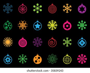 collection of bright snowflake and bauble christmas icons on black