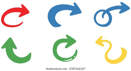 Collection of bright, solid-colored arrows with curved paths, representing direction, circulation, and movement.