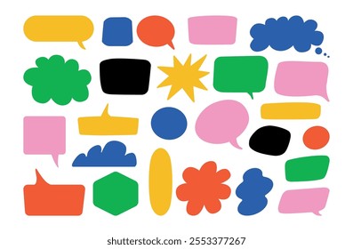 A collection of bright speech bubbles in the style of flat hand drawn. Design elements for presentations and infographics.