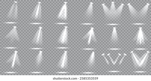 Collection of bright stage lighting spotlights with powerful white beams. A large vector set of professional studio lights, including concert lighting, projector effects, and illuminated ray