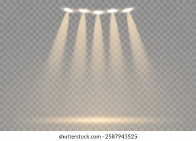Collection of bright stage lighting spotlights with powerful white beams. A large vector set of professional studio lights, including concert lighting, projector effects, and illuminated ray