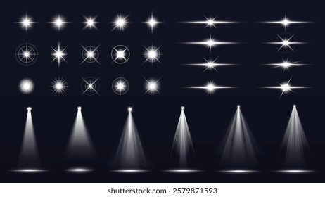 Collection of bright starburst and spotlight effects on a dark background. Starburst designs vary in shape and intensity. Spotlights create dramatic lighting. Overlay effect vector element set.