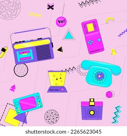 Collection of bright stickers in the style of the 90s. A set of items from the era of the 90s and 80s. Radio, tetris, game, tetelphone with a tube, camera. Decorative elements.Vector illustration.