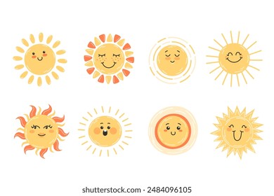 Collection of bright suns with faces in flat style