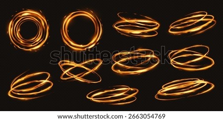 Collection of bright swirling light effects in warm orange hues. Glowing swirls create dynamic and energetic designs against a dark transparent backdrop.