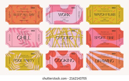 Collection of bright tickets, labels coupons of various daily activities in cartoon style for design, printing, branding