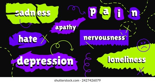 Collection of bright torn paper with inscriptions. Neon sheets, stickers, text poster. Bad mood. Paper cuttings for collages and scrapbooking. Modern vector design.