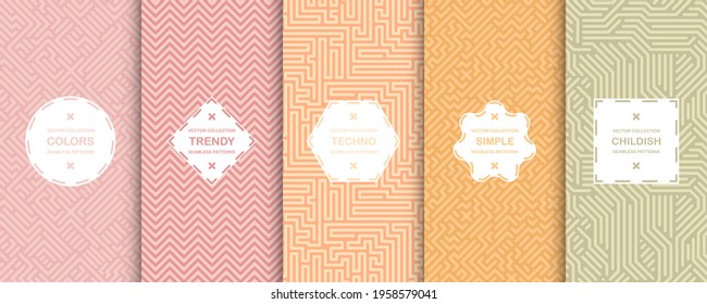 Collection of bright vector colorful seamless geometric patterns - striped design. Vibrant textile backgrounds, endless textures