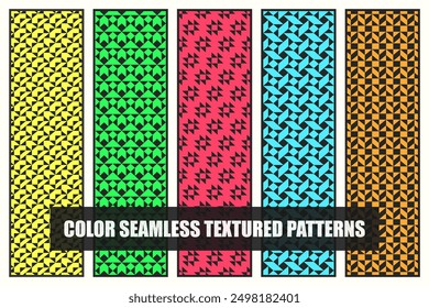 Colección de patrones de tela geométrica sin costuras decorativas de Vector brillante. Textil color texturas infinitas. Fondos repetibles textiles Abstractas. Estampados texturizados de tela