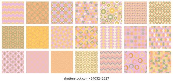 Collection of bright vector seamless colorful patterns - vintage design. Trendy retro mosaic backgrounds, fashion style 60 - 70s. Simple unusual creative prints