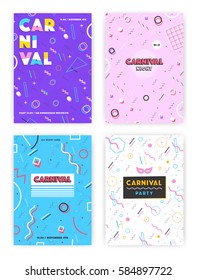 Collection of bright vertical posters for carnival with geometric shapes and lines in retro style. Set of colorful placards with a place for text. Vector illustration.