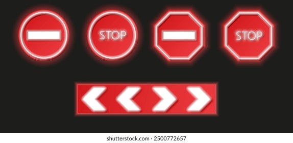 Collection of bright warning road signs isolated on dark background. Vector illustration.