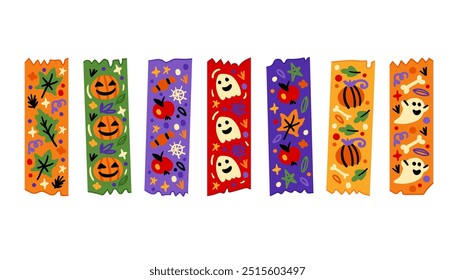 Collection of bright washi tape strips. Colorful Halloween scrapbook stripes, sticky label tags and decorative scotch strip. Border elements, paper. Day of the Dead. All Saints Day. October holiday.