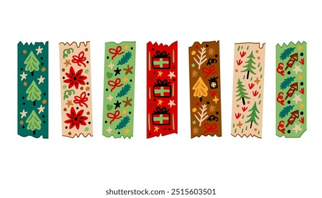 Collection of bright washi tape strips. Colorful Christmas scrapbook stripes, sticky label tags and decorative scotch strip. Border elements, paper. Winter. New Year holidays