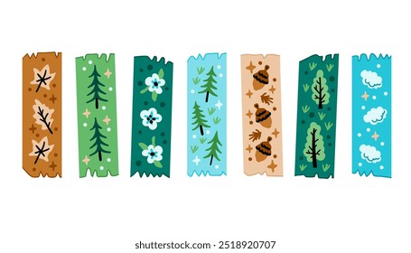 Coleção de tiras de fita washi brilhantes. Listras coloridas do scrapbook da floresta, etiquetas adesivas e tira de uísque decorativa. Elementos de borda, papel. Motivos da natureza. Floresta. Árvores e flores
