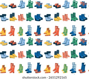 Coleção de calçado impermeável brilhante: borracha, chuva, botas de tornozelo, galochas. Sapatos resistentes à água. Padrão contínuo. Para criar projetos relacionados a atividades ao ar livre e moda estação chuvosa