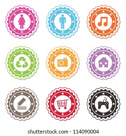 collection of bright web badges with icons, isolated on white