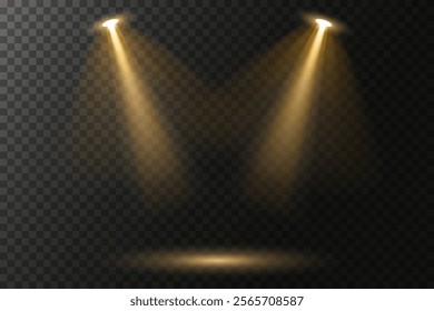 Collection of Bright White Stage Lighting and Spotlights: Projector Light Effects and Scene Illumination Isolated on Transparent Background. Ideal for Studio, Concert, Web, and Vector Design Projects