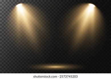 Collection of Bright White Stage Lighting and Spotlights: Projector Light Effects and Scene Illumination Isolated on Transparent Background. Ideal for Studio, Concert, Web, and Vector Design Projects