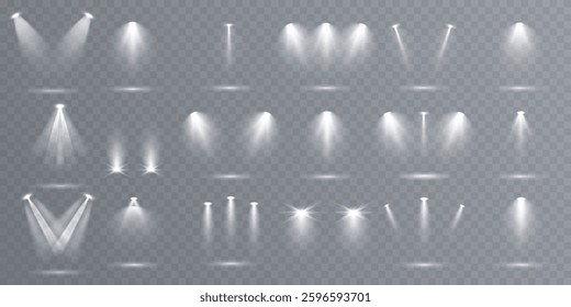 Collection of bright white stage lighting spotlights, perfect for illuminating concert stages, studio sets, and event venues. A large vector set of projector light effects with realistic spotlights 
