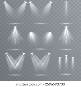 Collection of bright white stage lighting spotlights, perfect for illuminating concert stages, studio sets, and event venues. A large vector set of projector light effects with realistic spotlights 