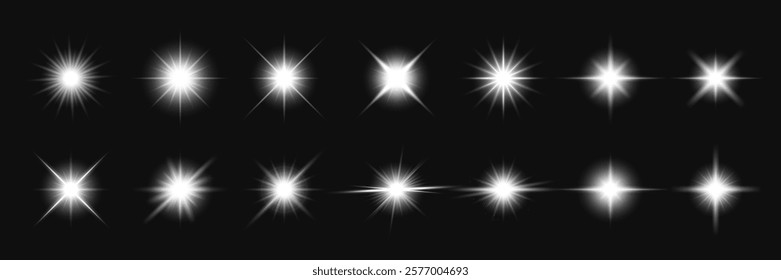 A collection of bright, white starburst light effects on a black background. These starburst designs vary in intensity and size, creating a dazzling visual effect. Overlay effect vector element set.