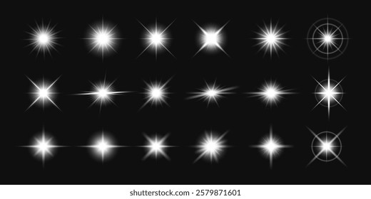 A collection of bright, white starburst light effects on a dark background. These starburst designs vary in size and intensity, creating a dazzling light effect. Overlay effect vector element set.