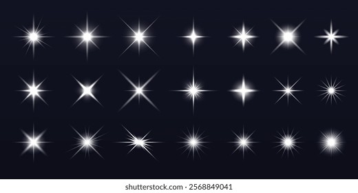 Collection of bright, white starbursts on a dark background. Starbursts vary in size and shape, creating a sparkling, luminous effect. Starbursts shine vividly. Overlay effect vector element set.