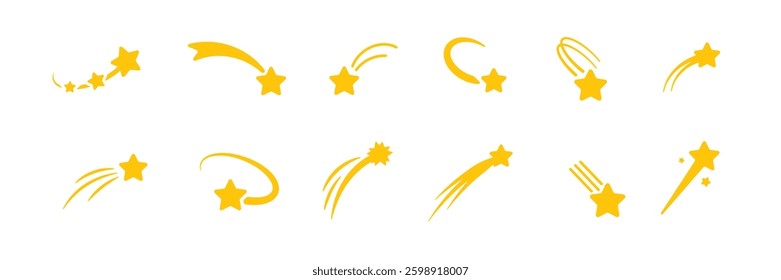 A collection of bright yellow icons with shooting stars in various shapes against a clear background.
