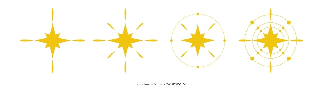 Collection of bright yellow sparkle and twinkle icons, ideal for decorative design, highlighting, festive graphics, or magical effects.