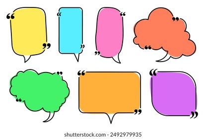 A collection of bright-colored speech bubbles with quotation marks in various shapes and sizes. Perfect for emphasizing quotes, messages, and dialogues in creative designs.