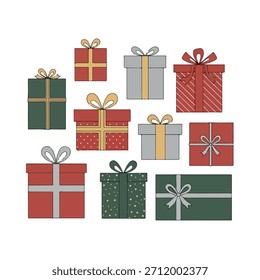 Colección de cajas de regalo de colores brillantes con cintas y arcos aislados en blanco