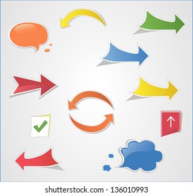 Collection of brightly colored, glossy web elements.  Sticky collection of paper arrows. Perfect for adding your own text or icons.