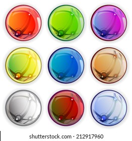 Collection of brightly colored glossy web buttons with abstract elements inside 