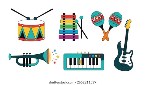 A Collection of Brightly Colored Musical Instruments for Children Featuring a Drum Xylophone Maracas Trumpet Keyboard and Guitar