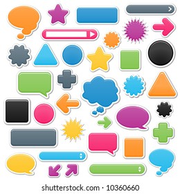 Collection of brightly colored, smooth web elements including: arrows, search bars, speech and thought bubbles. Perfect for adding your own text or icons. Blends used to create drop shadow effect.