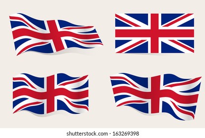 Collection of british flags moving in the wind in vector