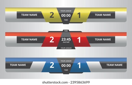 Collection of broadcast sport scoreboards and lower thirds for football, soccer, baseball in silver effect design, with time, result and team name display.