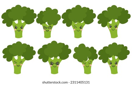 Collection of broccoli characters. Kawaii broccoli, cute veggie mascot. Vector cartoon illustration