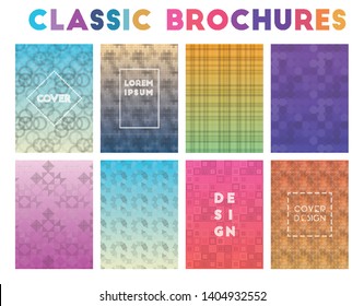 Collection of brochure designs with geometric patterns and color gradients for business and creative projects.