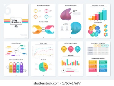 Collection of brochure pages with SWOT diagram, intersection bar graph, pie chart, linear mind map, abstract placeholder, pricing table. Modern vector illustration for business information analysis.