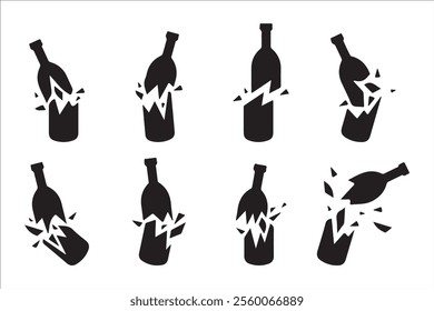 Collection of broken bottle silhouettes. Hand drawn vector art.