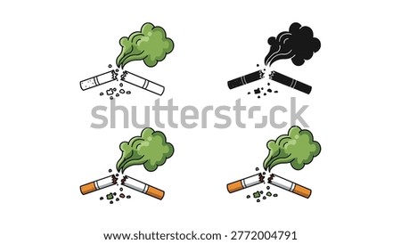 Collection of broken cigarettes with green and black smoke plumes, symbolizing the harmful effects of smoking and promoting a healthy lifestyle. Ideal for health campaigns and awareness graphics.