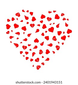 Un conjunto de formas de corazón rotas se dispersan y forman un relleno de forma de corazón grande