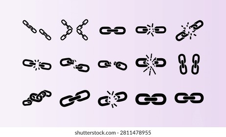 Collection of broken and intact chain links in various styles and designs vector illustration