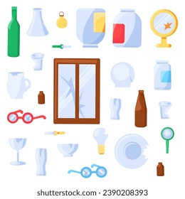 Collection of broken Unwanted Glass Objects. Items out of use and subject to disposal. Recycling of Glass industrial products. Cartoon vector isolated on white background