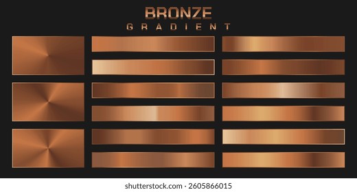 Collection of bronze metallic gradient. Brilliant plates with bronze effect. Vector illustration.