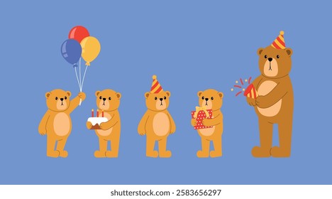 collection of brown bear and little cub celebrating birthday party with balloon, cake, party hat, gift, and confetti cannon illustration