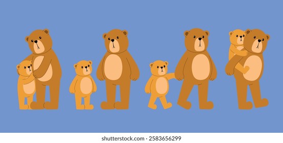 collection of brown bear and little cub family love, hugging, holding hand, piggyback, walk illustration