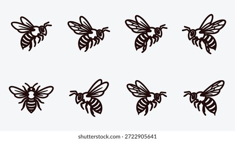 Coleção de ícones de abelhas marrons em diferentes posições voadoras em gráficos de insetos de fundo branco